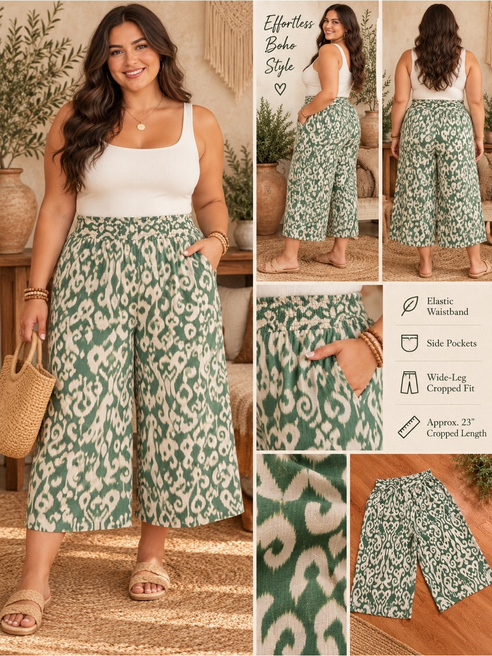 NWOT 3X Rose & Olive Green and White Printed Elastic-Waist Bermudas